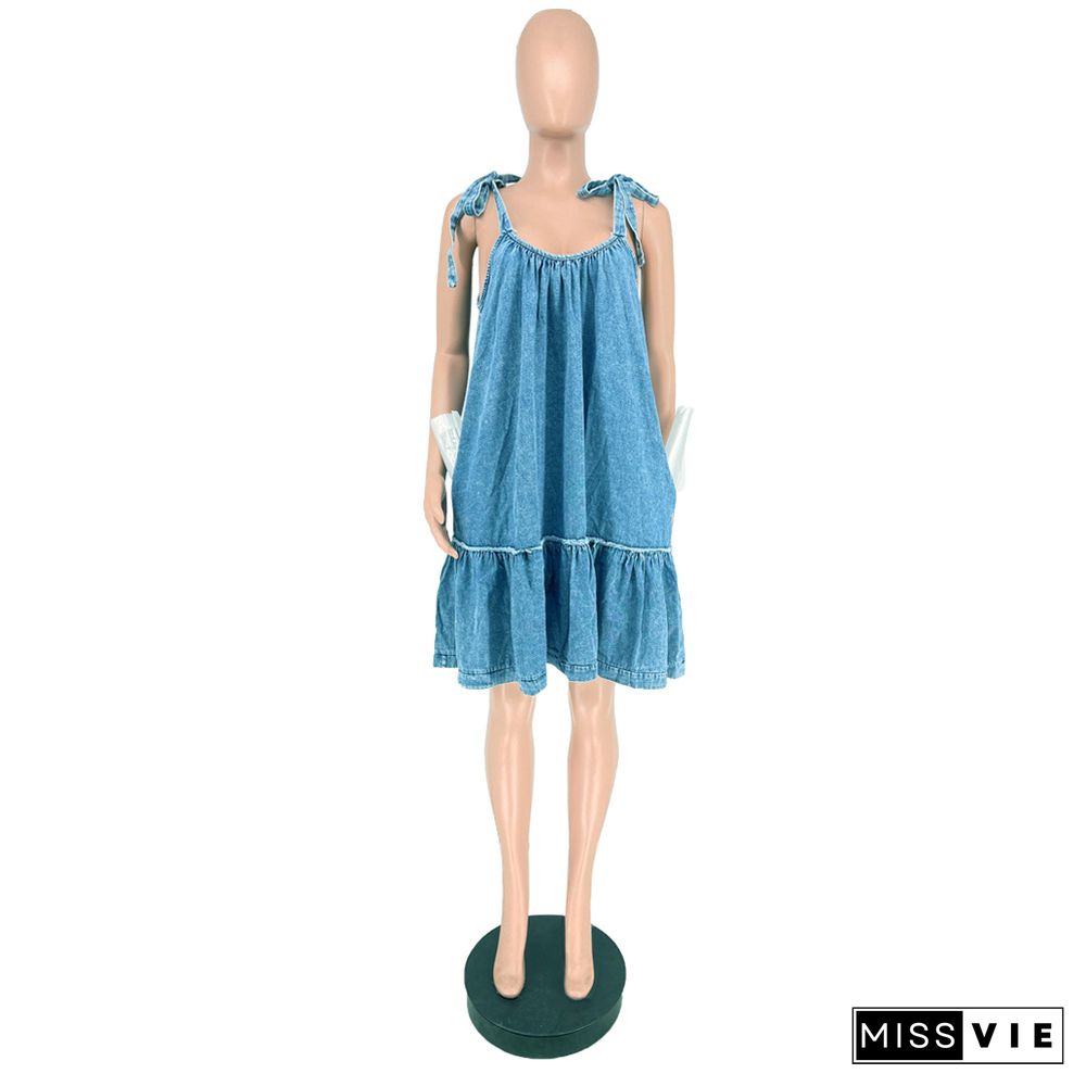 Denim Spaghetti Strap Ruffles Hem Loose Dress