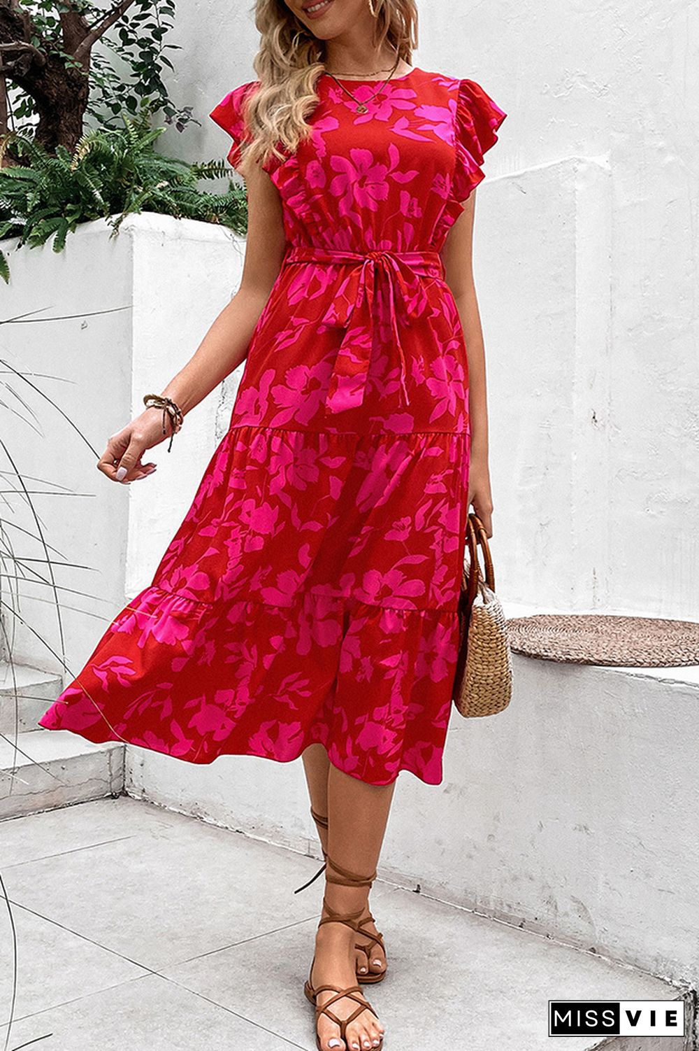 Red Floral Flutter Sleeves Tiered Dress