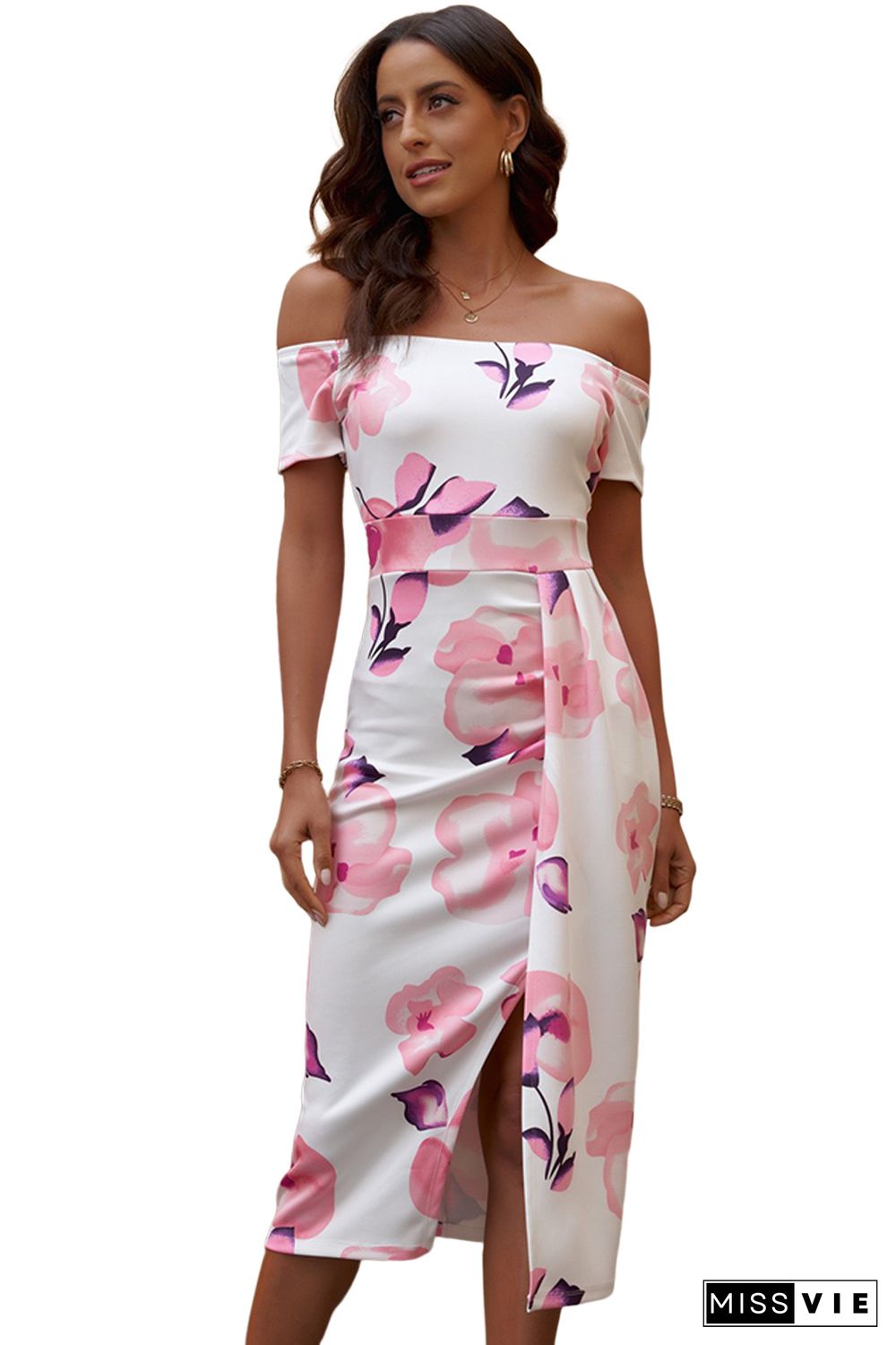 Pink Floral Print Off Shoulder Slit Bodycon Midi Dress