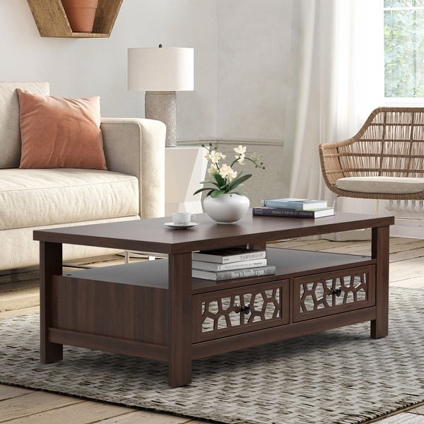 3-tier Coffee Table with 2 Drawers and 5 Support Legs-Brown - 46