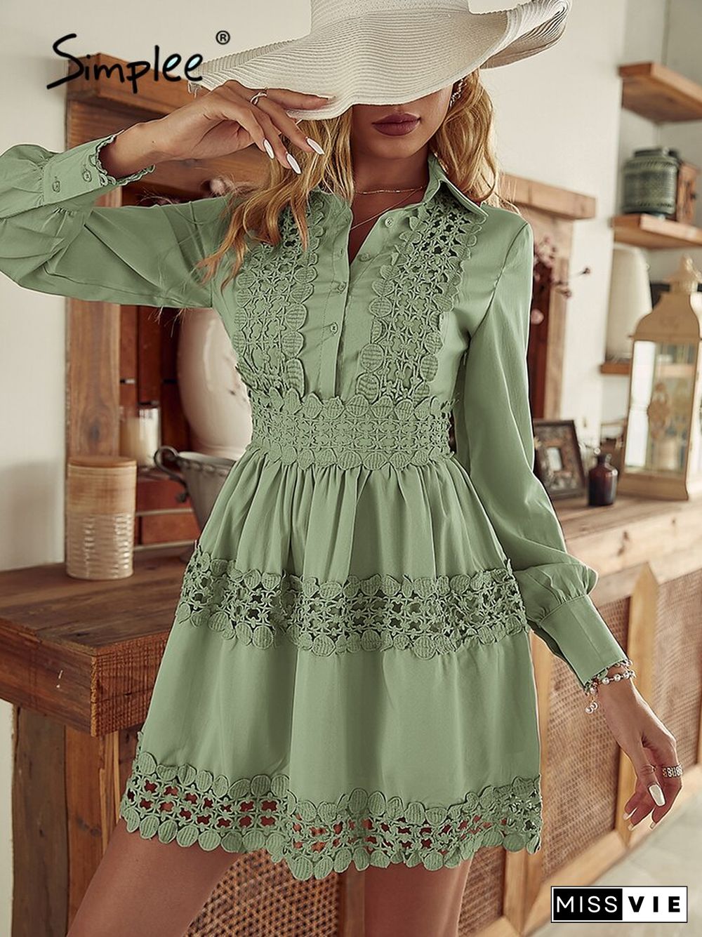 Elegant hollow out lace ruffle A-line white women dress Office lady button shirt dresses Female high waist short vestido