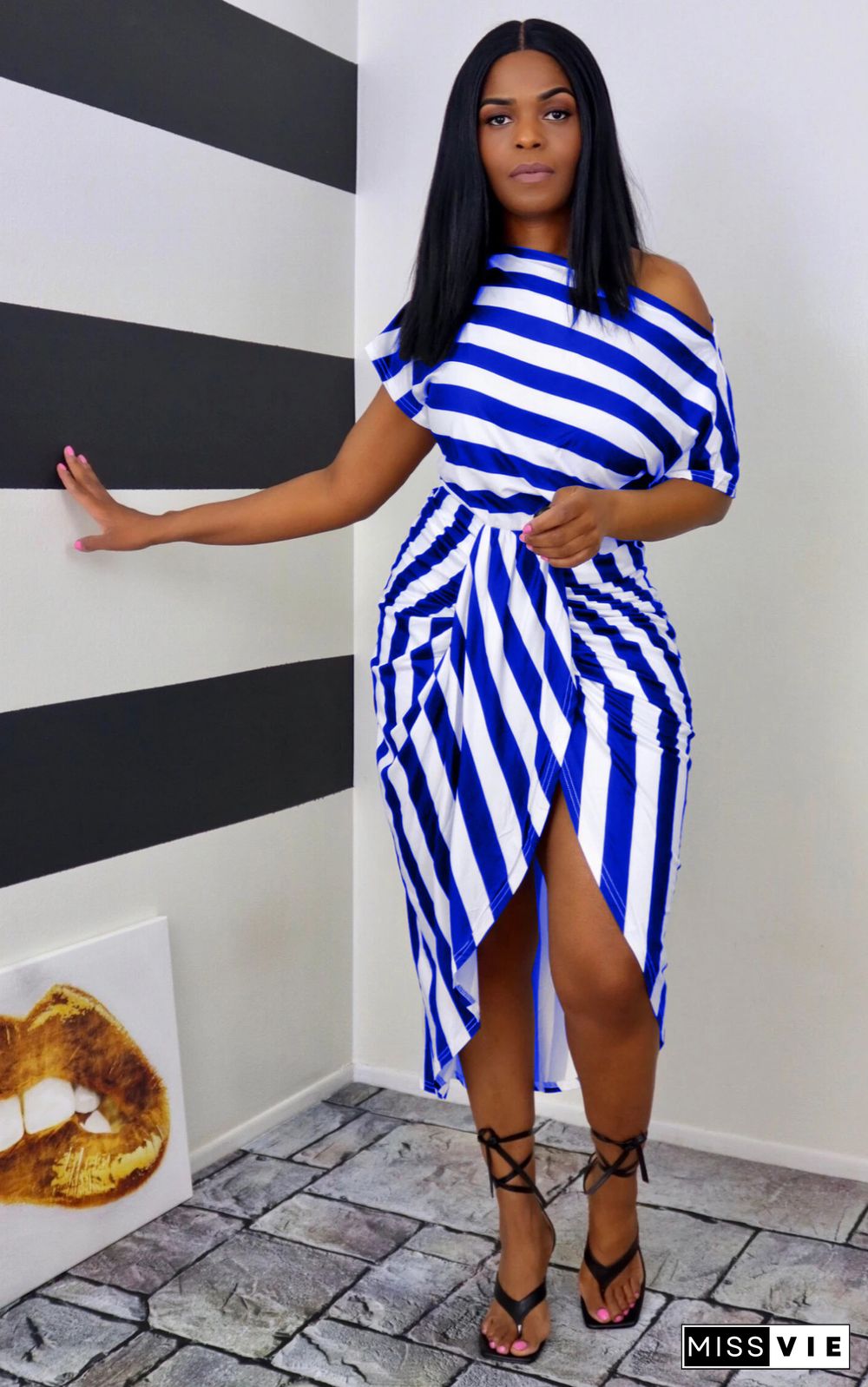 Women's Striped Short-sleeved Blouse Irregular Skirt 2 Piece Set