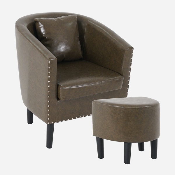 Modern Accent Chair with Ottoman Set， PU Leather Upholstered Club Round Arms Chair