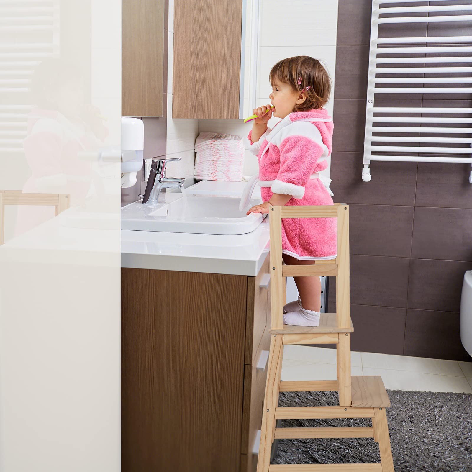 Costzon Kids Kitchen Step Stool with Safety Rail, 2 in 1 Solid Wood