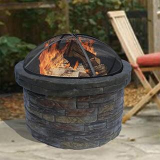 Teamson Home 27 in. Outdoor Round Stone Wood Burning Fire Pit in Gray with Cover HR22818AA