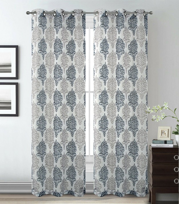 2 Pack Kate Aurora Sparkle Sheer Damask Design Grommet Top Curtains