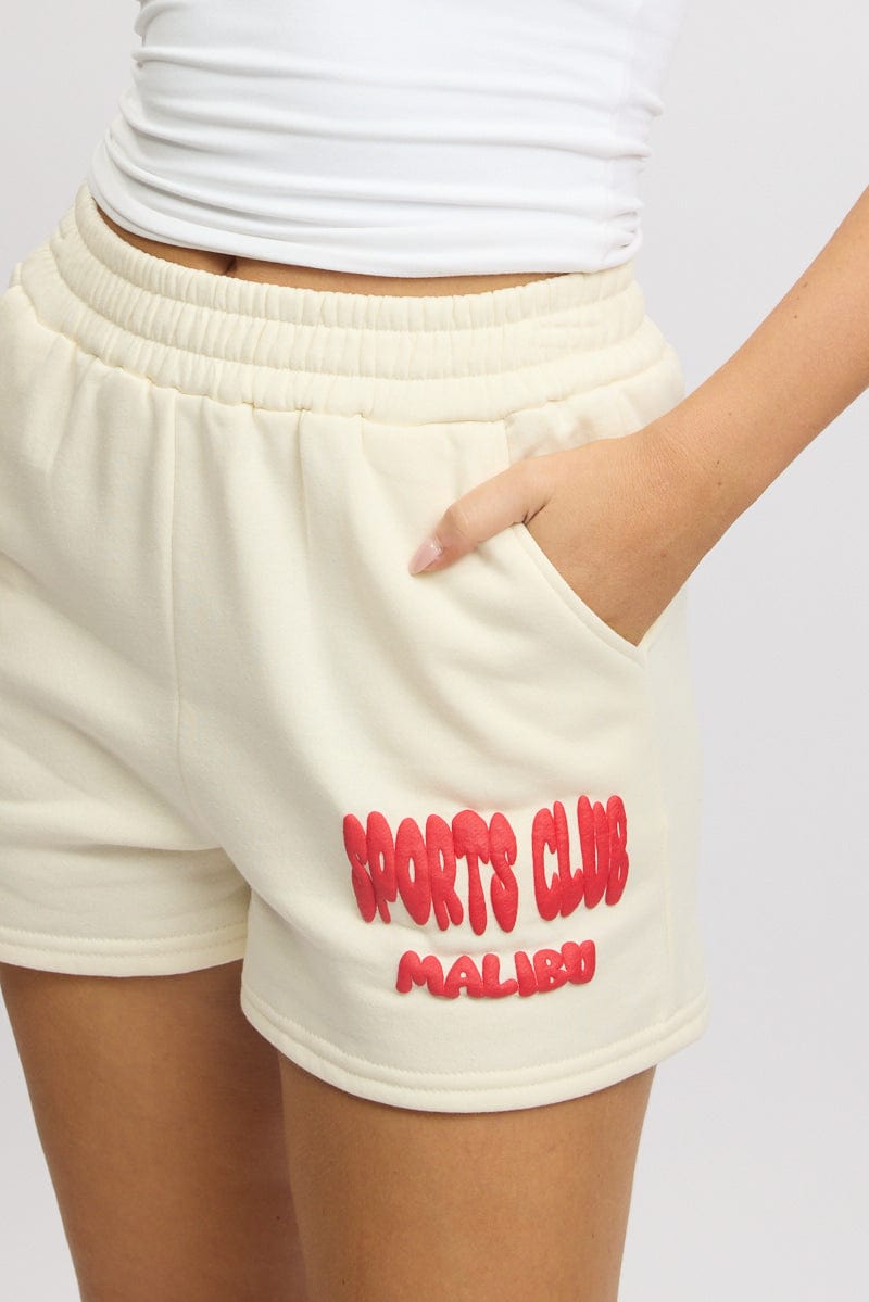 White Track Shorts High Rise Elastic Waist