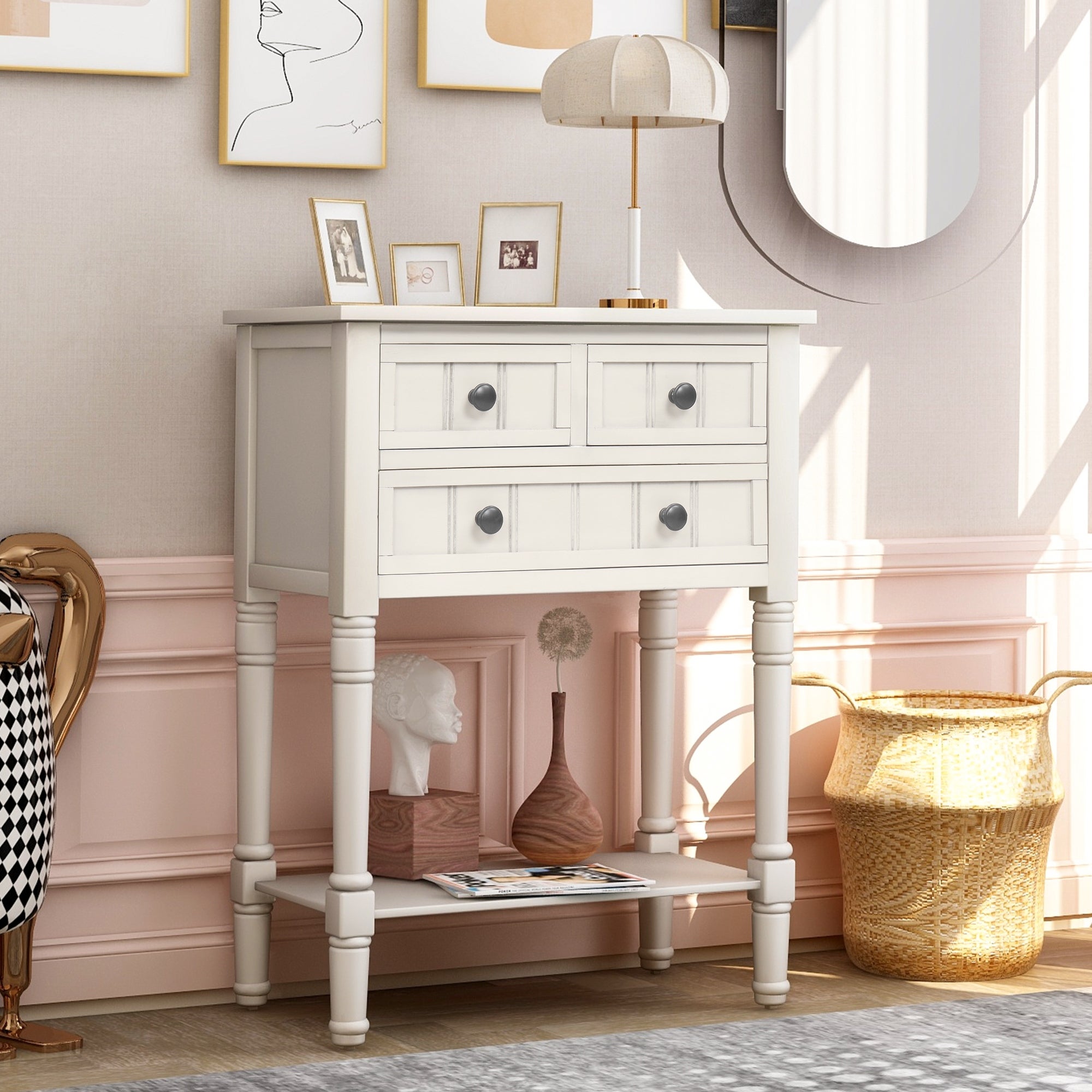 Narrow Console Table with 3 Storage Drawers and Black Round Deco Knobs， Slim Sofa Table with Bottom Shelf， Ivory