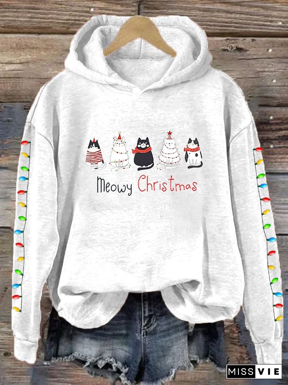 Women's Meowy Christmas Merry Christmas Cat Lover Lantern Printing Casual Hoodie