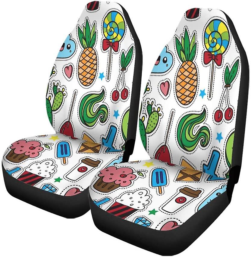 Set Of 2 Car Seat Covers Colorful Fun Of Quirky Cartoon Doodle Patch Badges Pin Universal Auto Front Seats Protector Fits D---38788