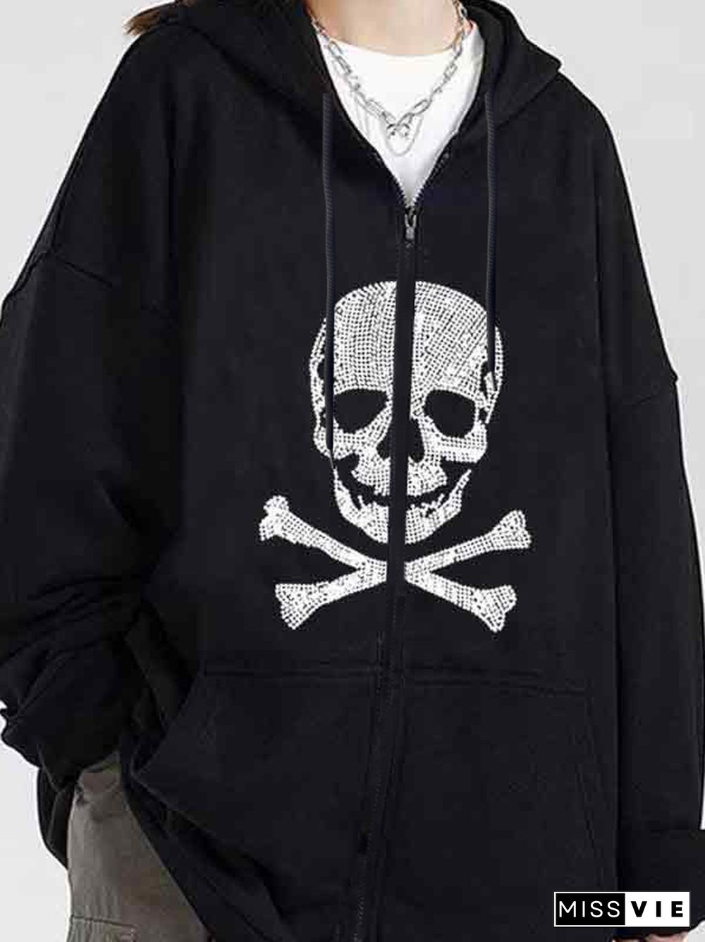 Skull Rhinestone Zip Up Oversized Hoodie