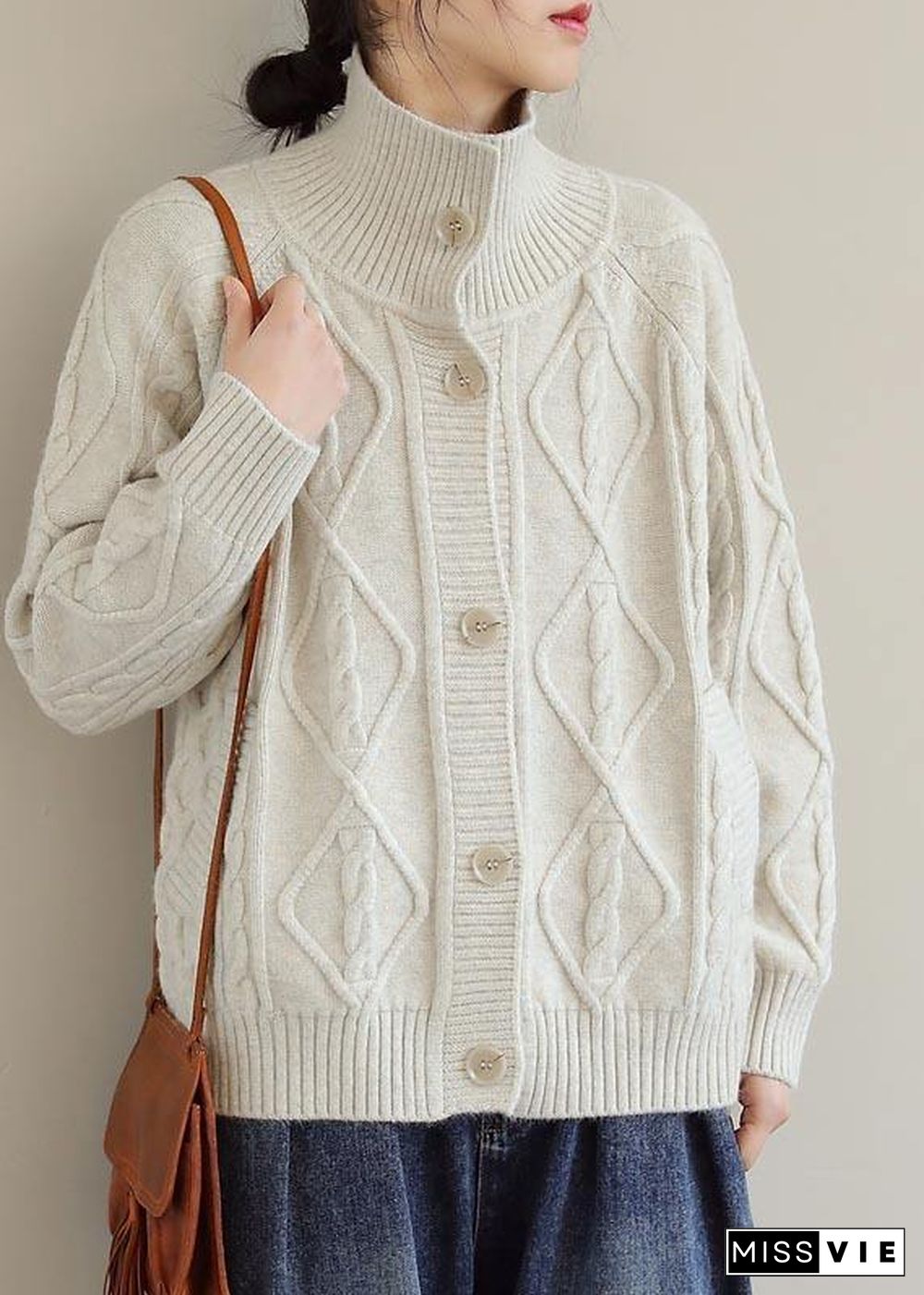 Cozy Beige Sweaters Stand Collar Pockets Trendy Plus Size Spring Knit Sweat Tops