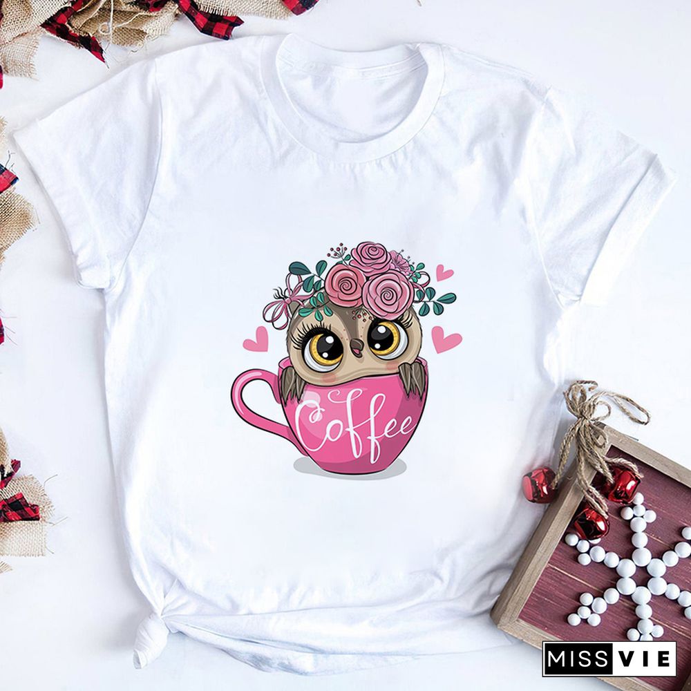 Gothic Women Cute Owl Printed T-Shirt All Seasons Fashion Thin Short Sleeve Tees Harajuku Casual Pink Top Female Clothing Tshirt