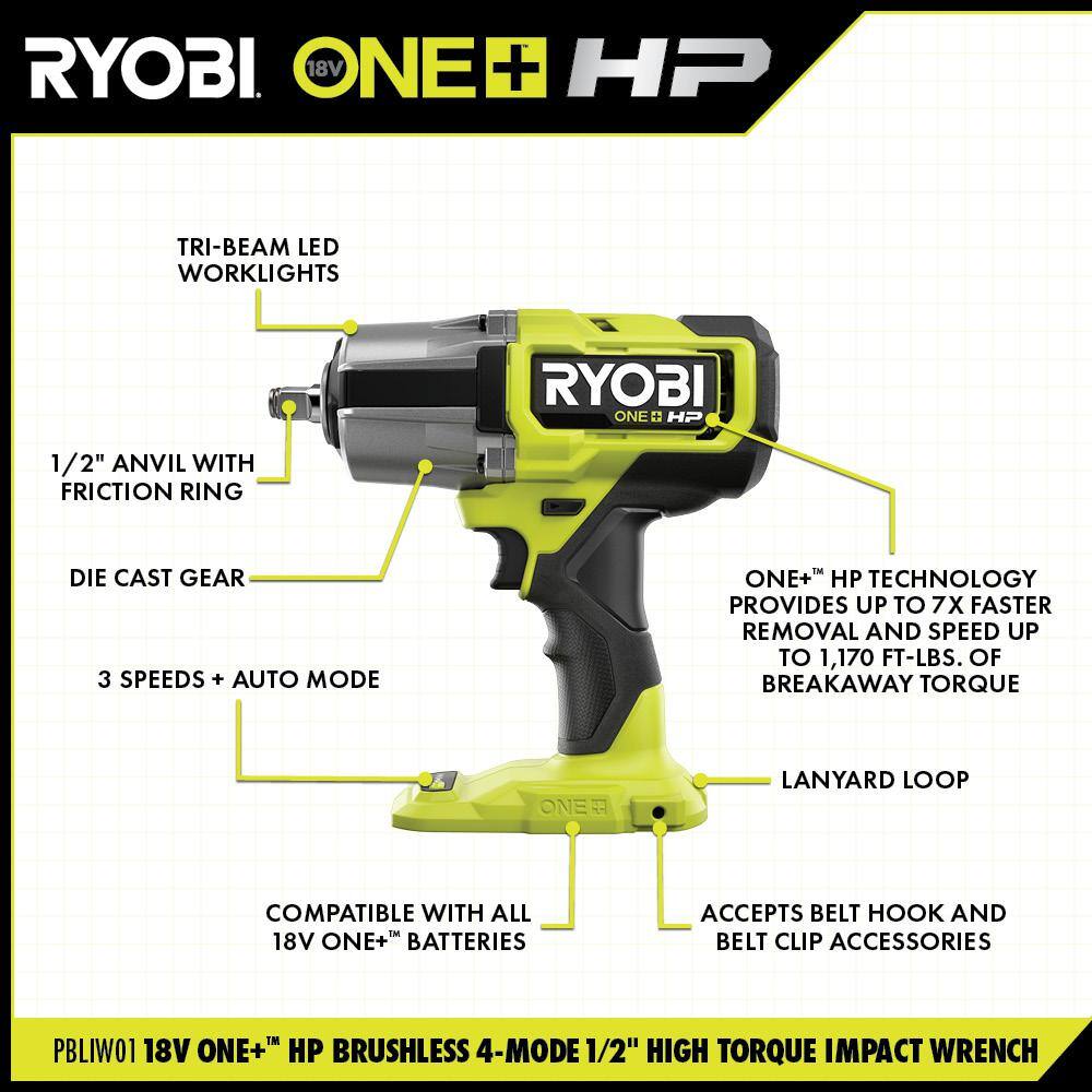 RYOBI ONE+ HP 18V Brushless Cordless 4-Mode 12 in. High Torque Impact Wrench (Tool Only) PBLIW01B