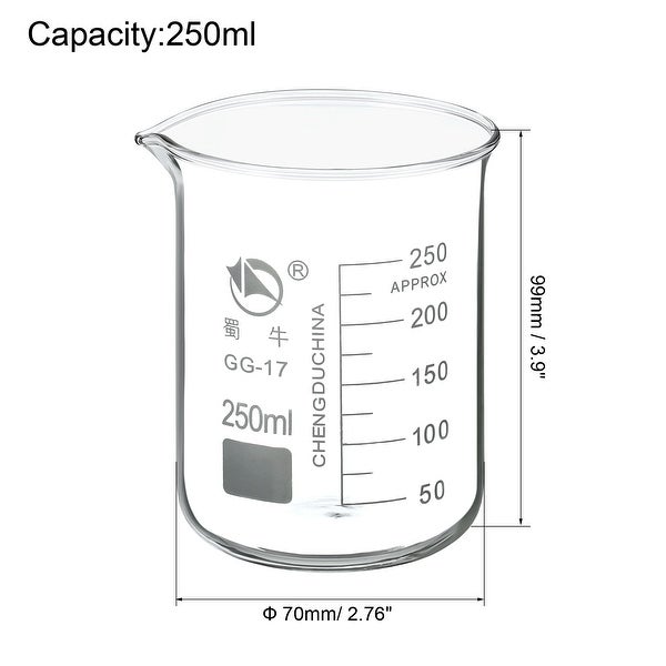 250ml Low Form Glass Beaker， 3.3 Borosilicate Lab Measuring Cups - Clear