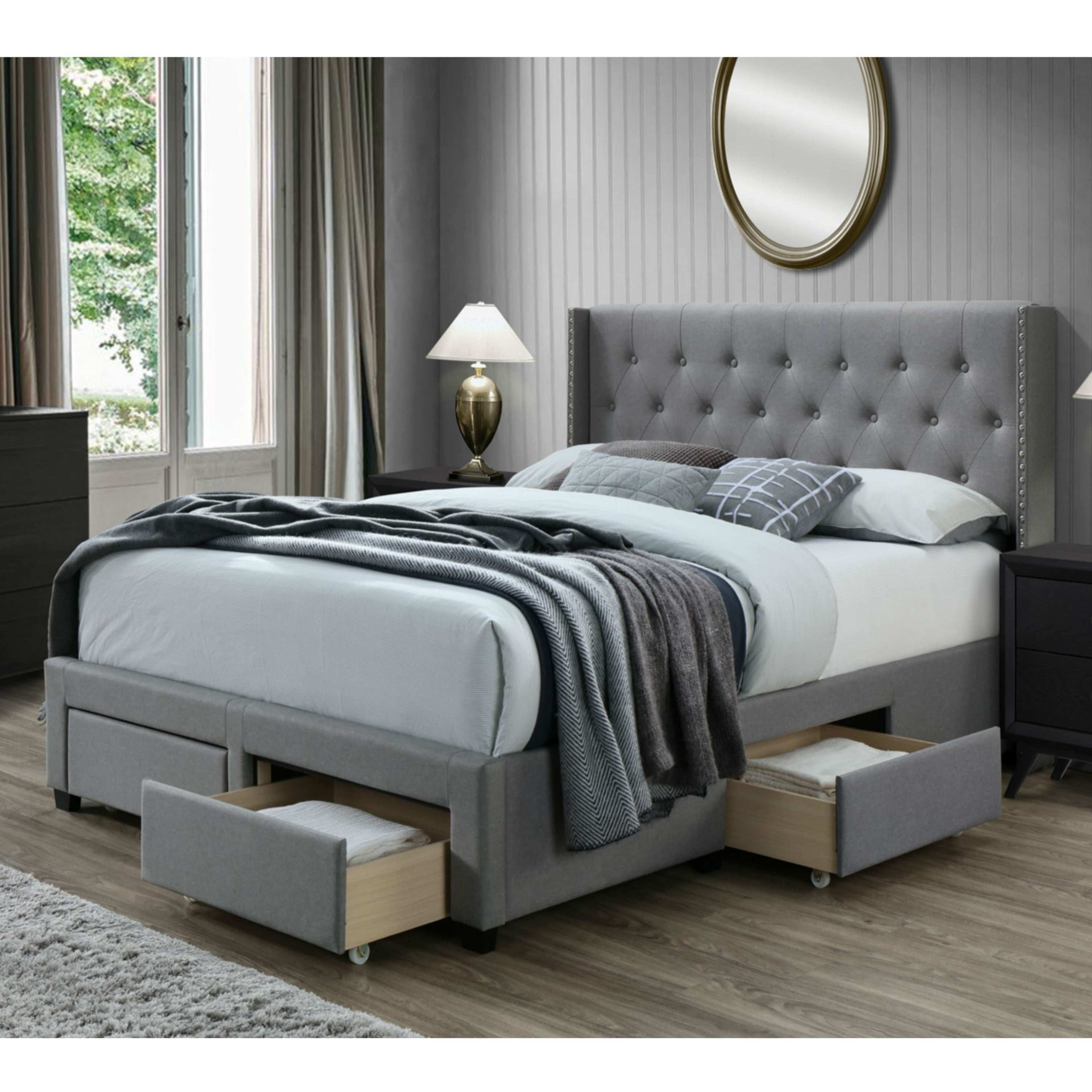 DG Casa Bardy Diamond Tufted Upholstered Panel Bed Frame with Storage Drawers and Nailhead Trim Wingback Headboard, Queen Size in Grey Fabric