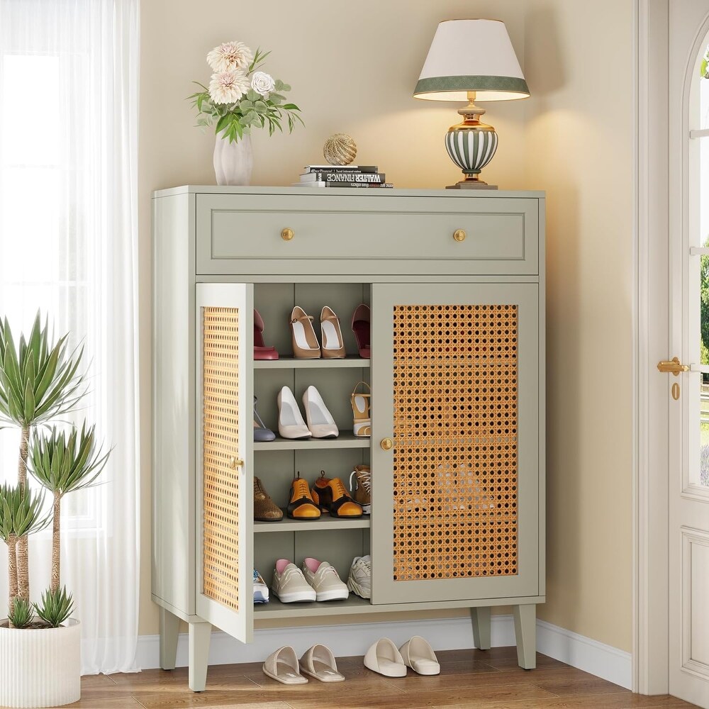 Modern Shoe Cabinet with Doors  Rattan Shoes Storage Cabinet