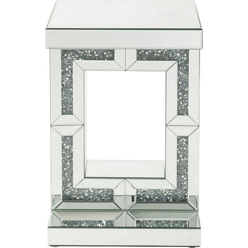 Accent Table with Open Geometric Base and Acrylic Diamond Inlay， Silver