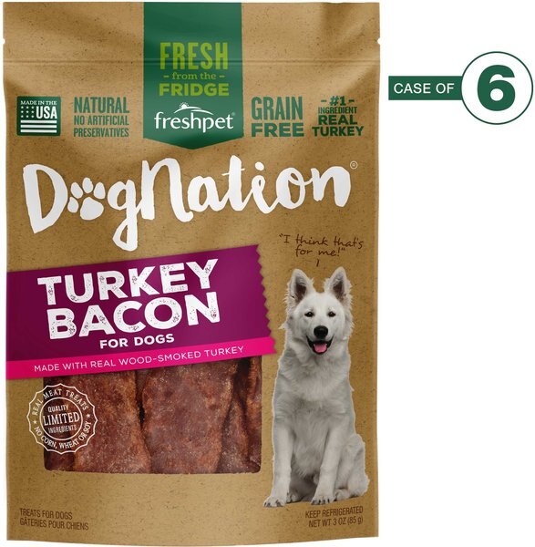 Freshpet Dognation Turkey Bacon Grain-Free Fresh Dog Treats， 3-oz bag， case of 6