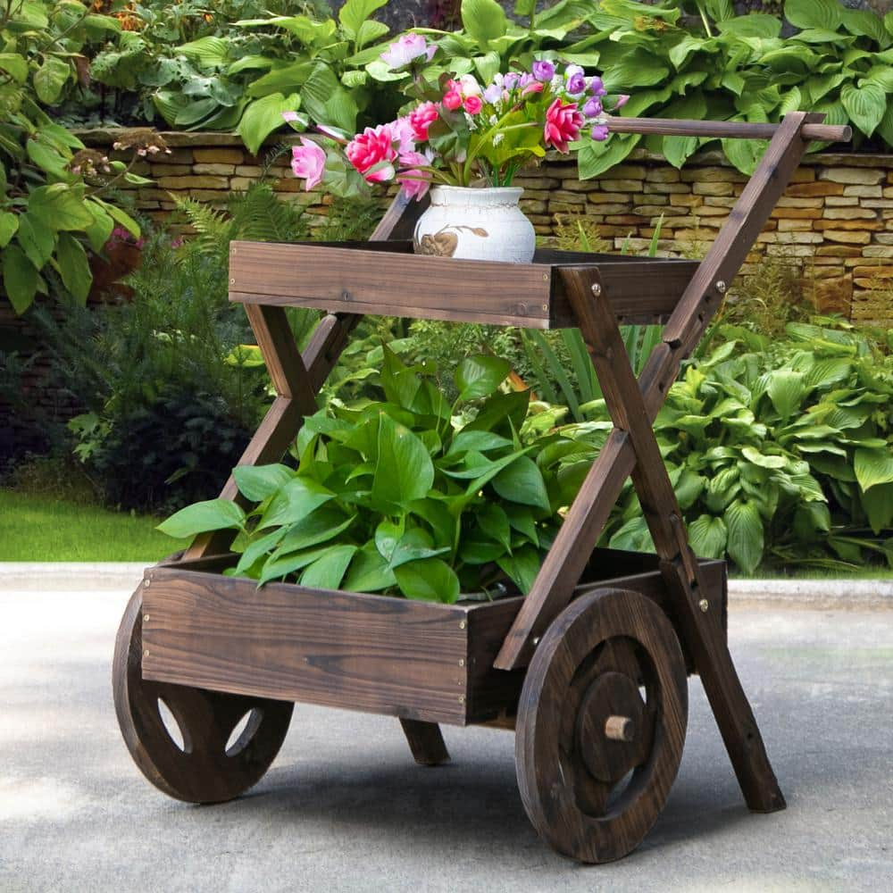 Outsunny 2-Tier Wooden Rustic Elevated Garden with Wheels and Handle 845-462