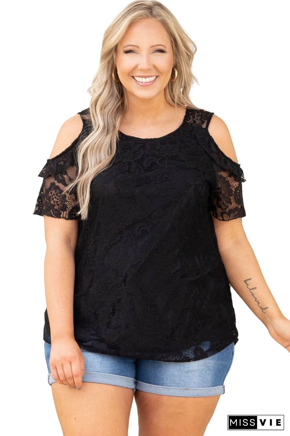 Black Floral Lace Cold Shoulder Plus Size Top