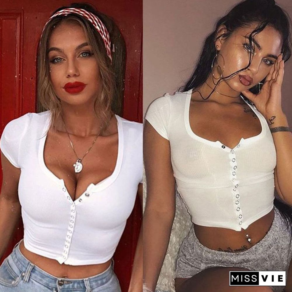 Fashion Sexy Women Short Sleeve Crop Top Button Vest Halter Casual White Tank Tops Blouse Short Shirt