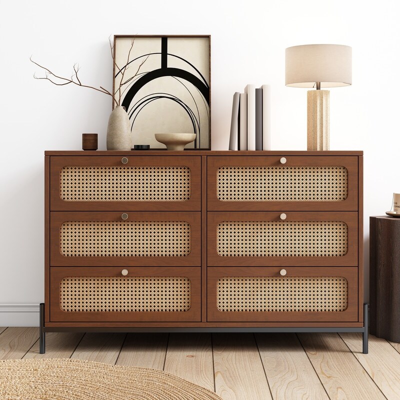 47'' Modern Solid Wood 6 Drawer Dresser with Rattan Decorative Doors (2 Colors）