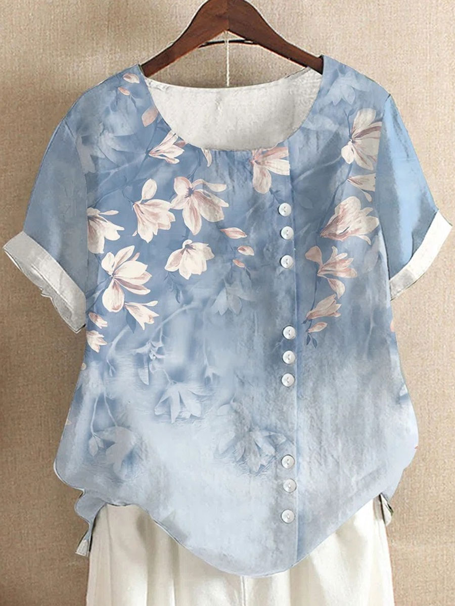 Round Neck Casual Loose Floral Print Short Sleeve Blouse