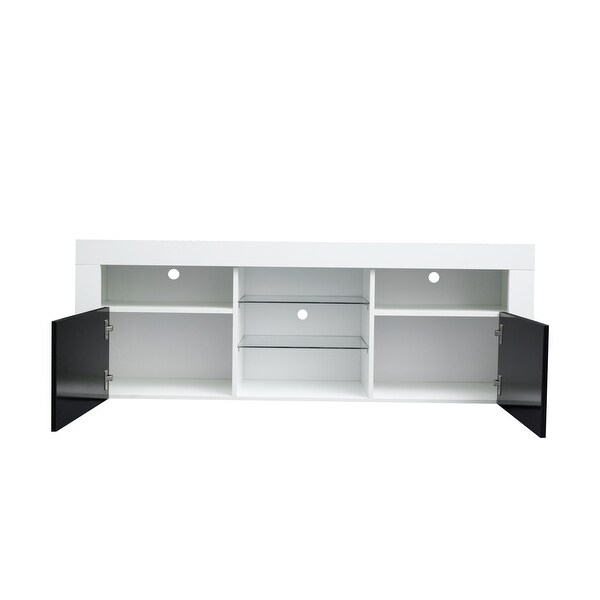 Modern 16 Color LEDs Lights 57 inch Media TV Stand with 2-Tier Center Glass Shelf and 2 Side Storage Open Compartments