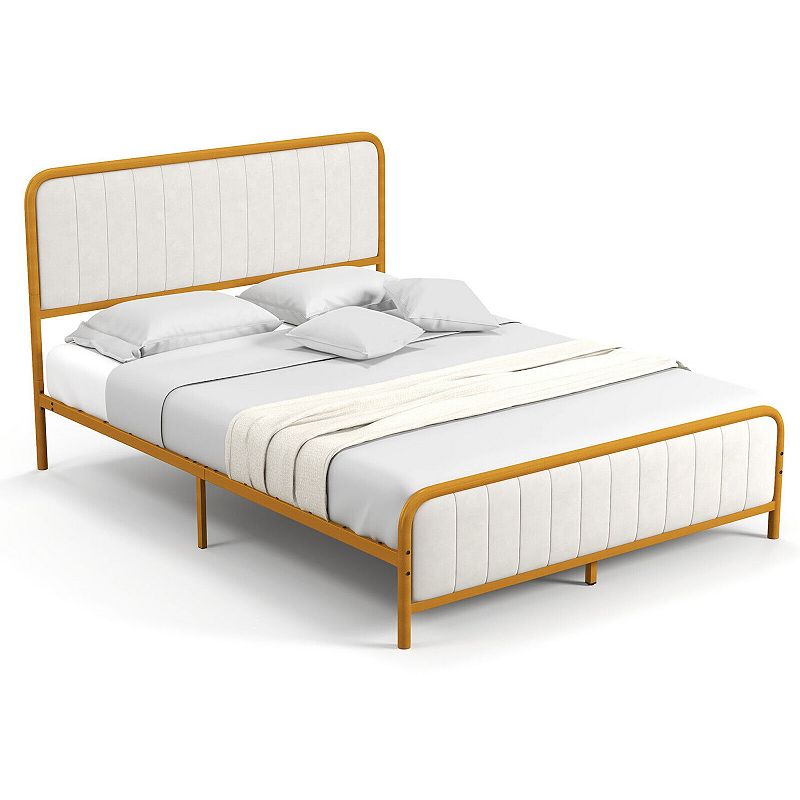 Upholstered Gold Platform Bed Frame with Velvet Headboard