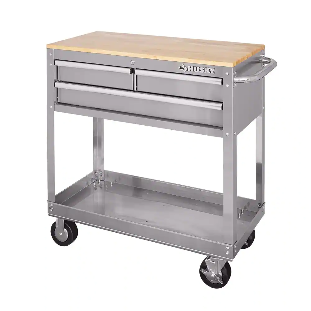 Husky HOUC3603BJX1 36 in. 3-Drawer with Solid Wood Top， Stainless Steel Utility Cart