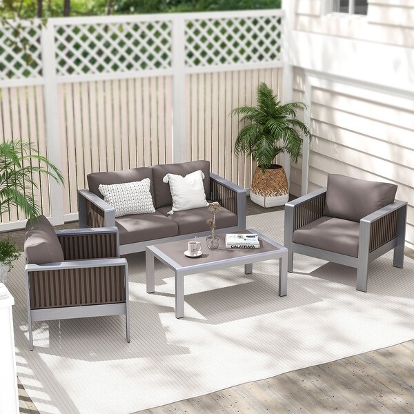 Outdoor Rectangle Coffee Table with Tempered Glass Tabletop for Backyard Poolside