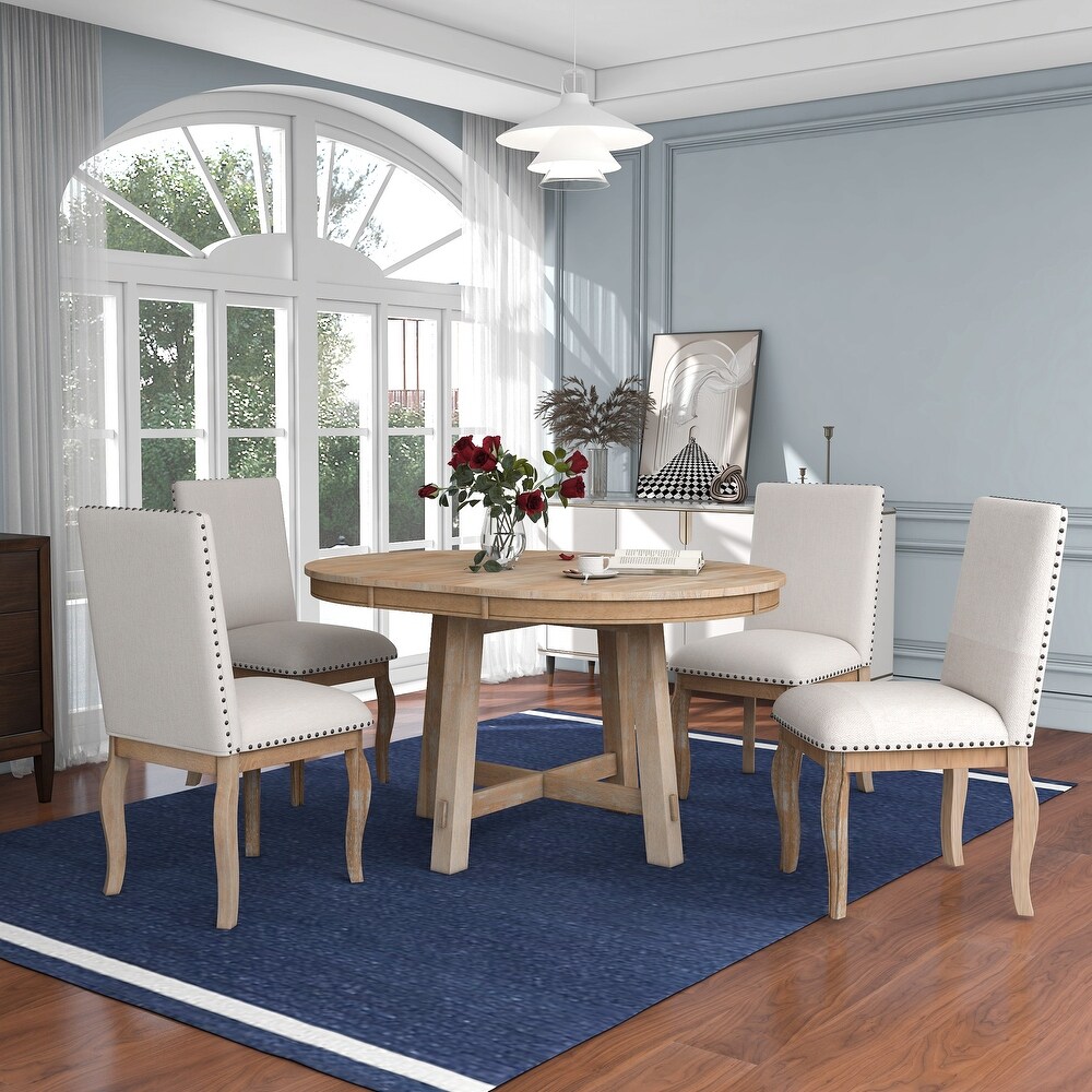 5 Piece Adjustable 42 58 inch Round Oval Extendable Wood Dining Table Set