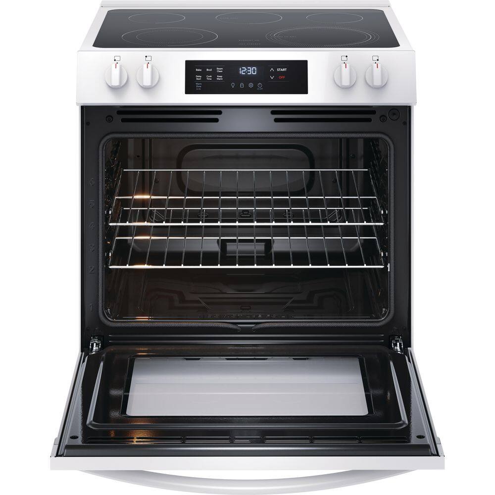 Frigidaire 30 in. 5-Element Slide-In Front Control Electric Range with Steam Clean in White FCFE3062AW