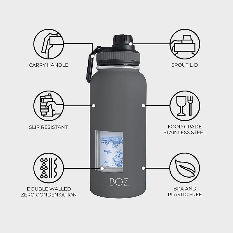 BOZ Stainless Steel Water Bottle XL (1 L / 32oz) Wide Mouth Double Wall Insulated