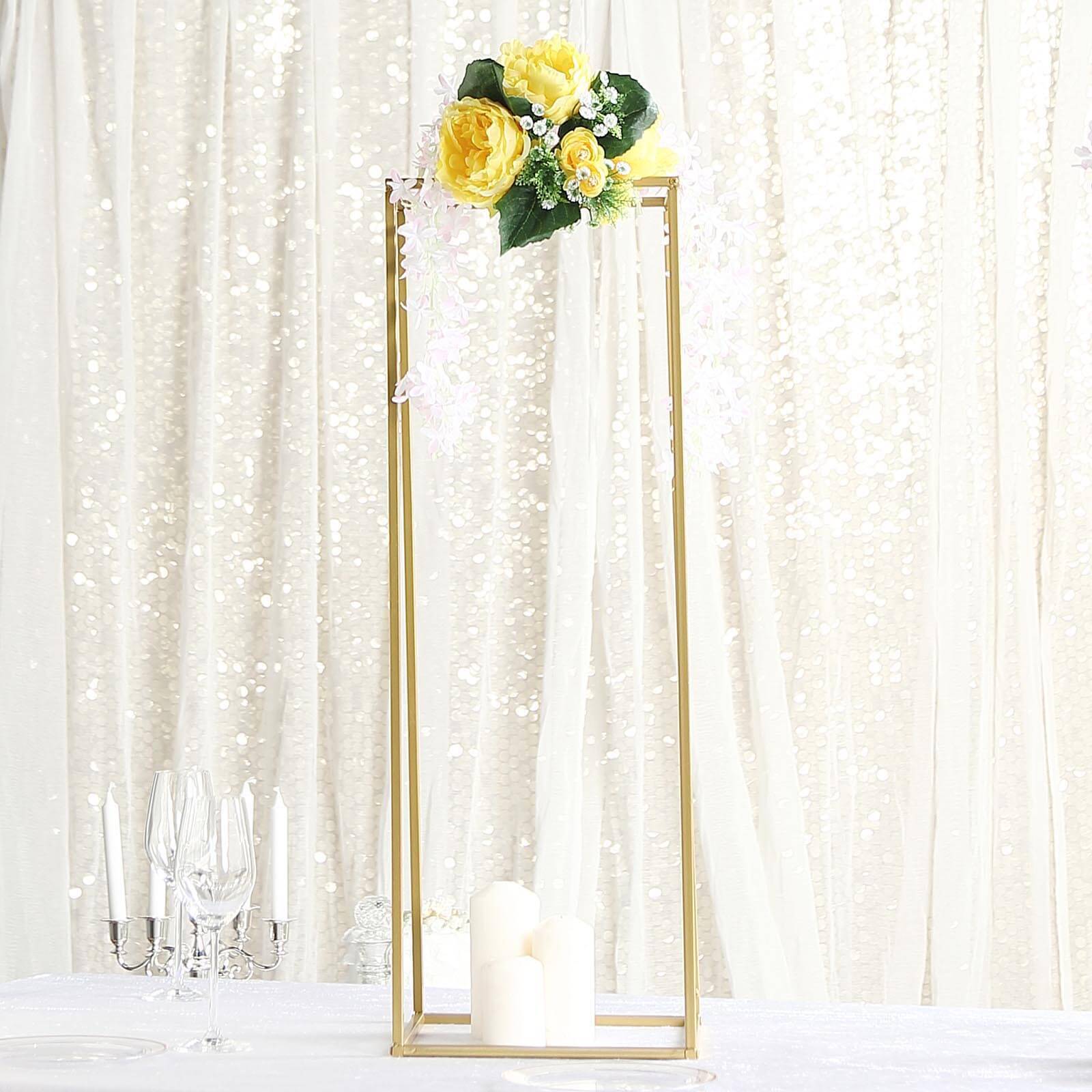 2 Pack Rectangular Gold Metal Wedding Flower Stand, Geometric Column Frame Centerpiece 32