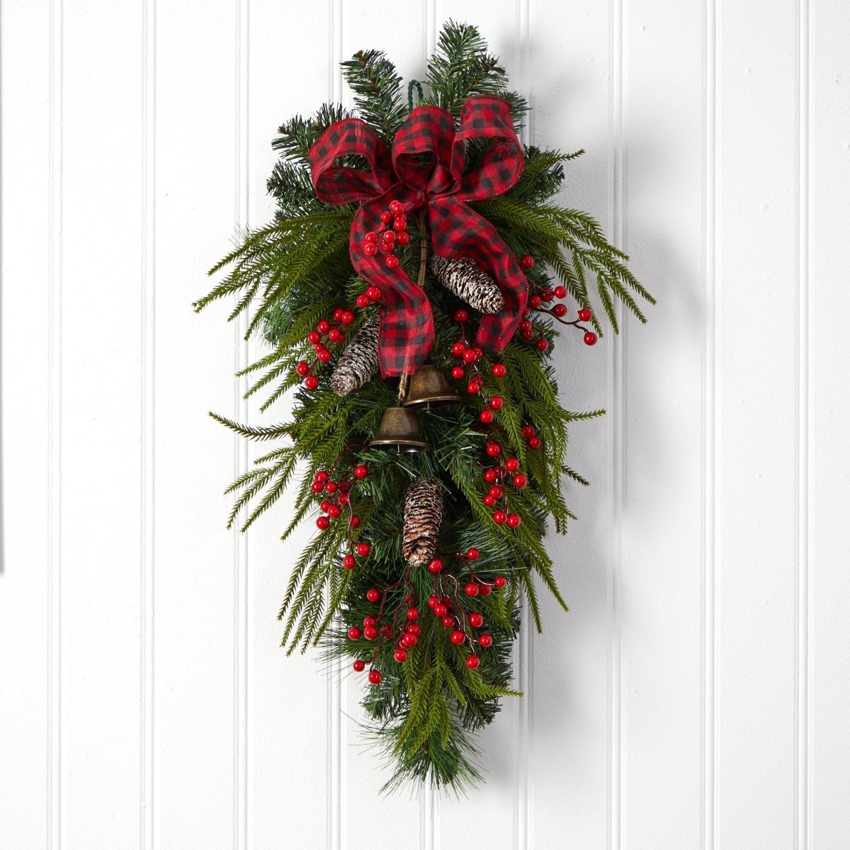 24'' Holiday Christmas Wreath with Pinecones, Berries & Bells