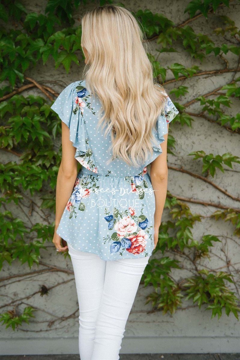 Polka Dot Floral Peplum Ruffle Top