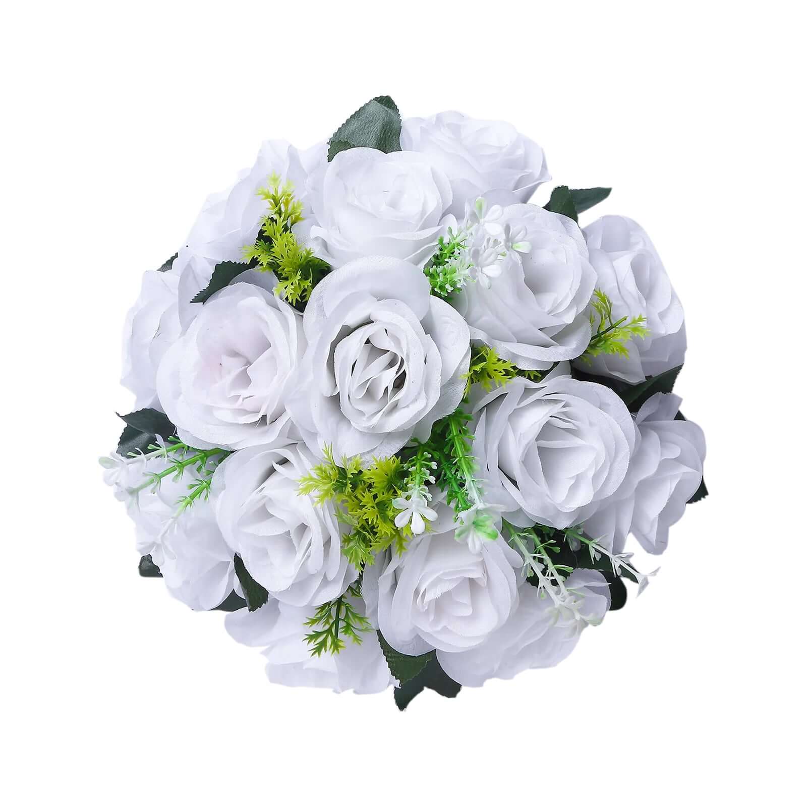 2 Pack White Artificial Flower Ball Bouquets For Centerpieces 15-Head Silk Rose Kissing Balls 10