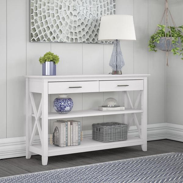 Bush Furniture Key West Console Table with Drawers and Shelves in Pure White Oak