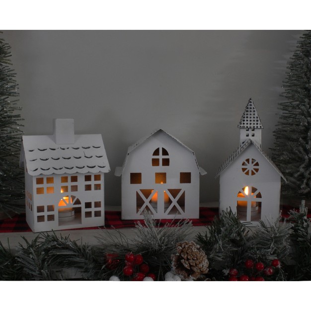 Auldhome Design farmhouse Christmas Village church Barn And School Set Of 3