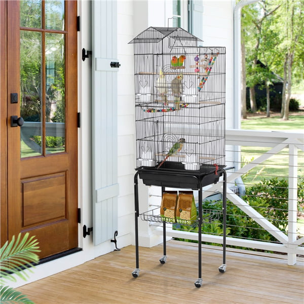 Yaheetech Rolling Metal Bird Cage with Detachable Stand Large Parrot Cage w/ Stand and Toys Budgies Cockatiels Parakeets