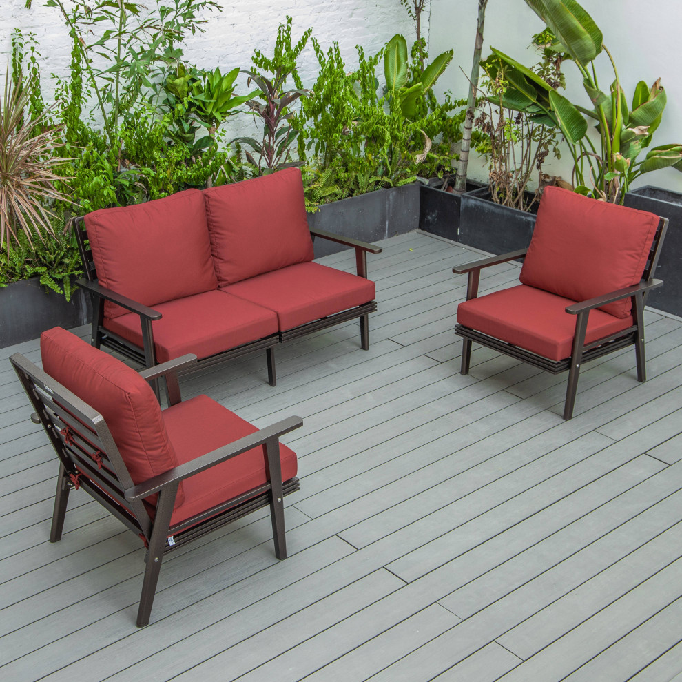 LeisureMod Walbrooke 3 Piece Patio Set With Brown Aluminum Frame and Cushions   Contemporary   Outdoor Lounge Sets   by LeisureMod  Houzz