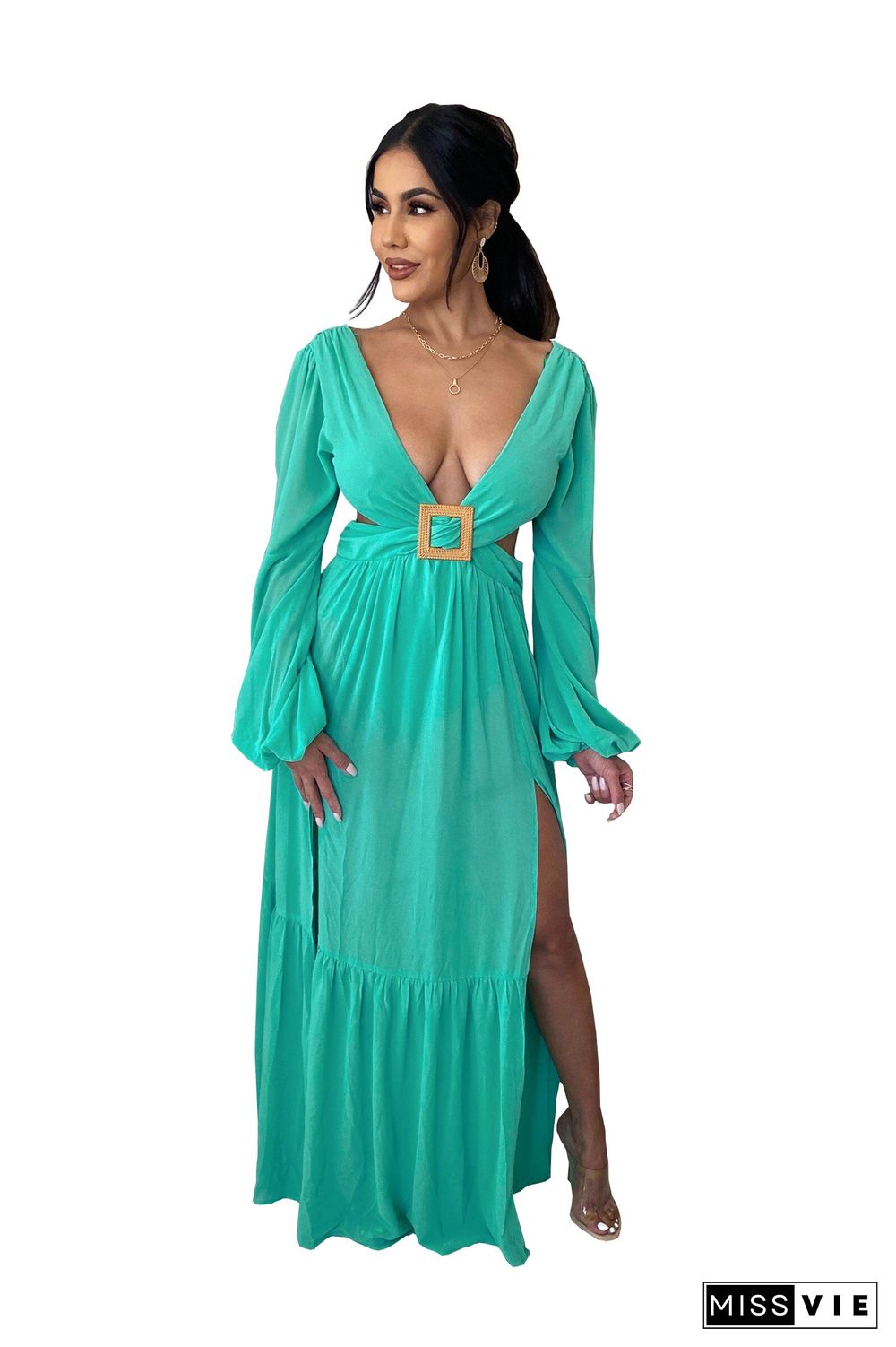 Pure Color Four-way Stretch Fabric Sexy Low-neck Hollow Long-sleeved Dress