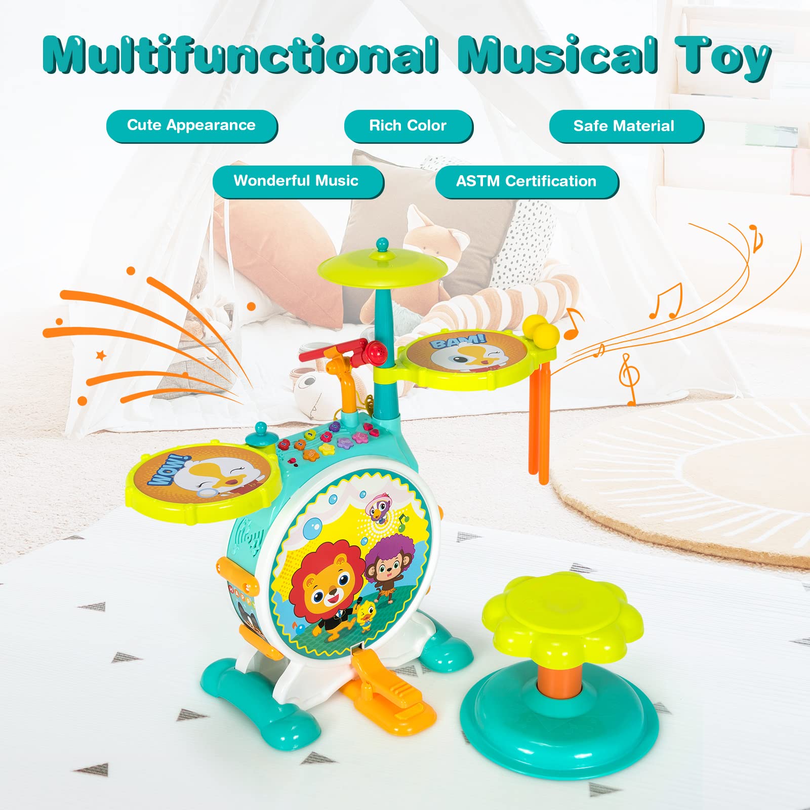 Kids Drum Set, Electric Musical Instruments Toy with Working Microphone