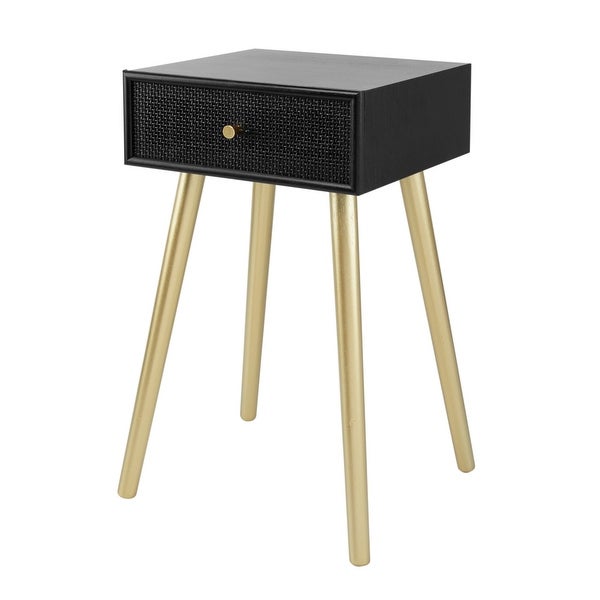 Gaia 28 Inch Pine Wood Side End Table， Gliding Rattan Drawer， Black， Gold