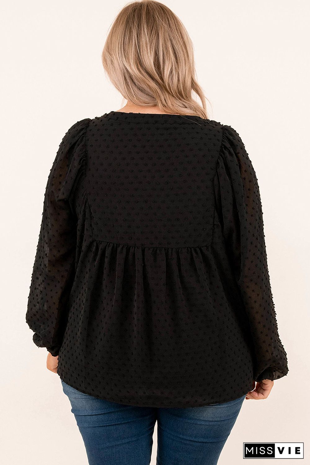 Black Embroidered Swiss Dot Texture Plus Size Blouse