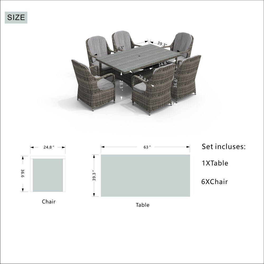 Abrihome 7 piece Outdoor Wicker Dining Table Set with 6 Eton Chairs