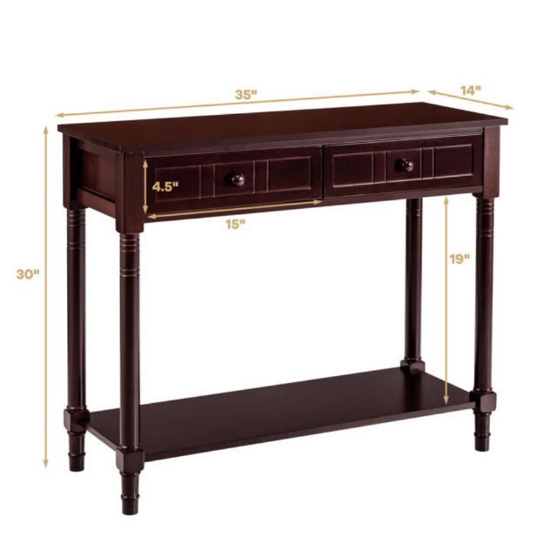 Console Accent Sofa Table with Drawers and Bottom Shelf-Brown