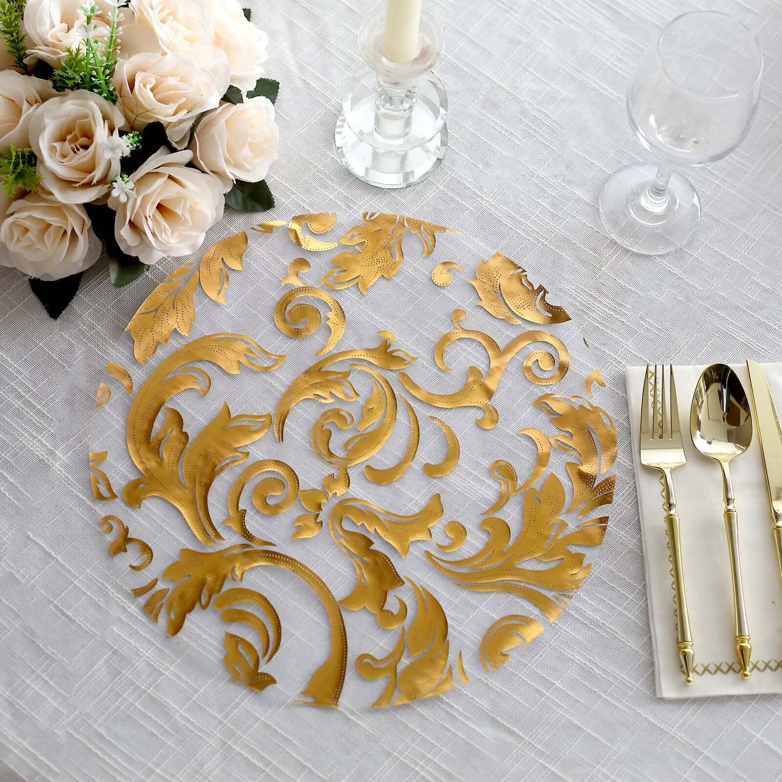 10 Pack Metallic Gold Sheer Organza Round Placemats with Swirl Foil Floral Design, 13